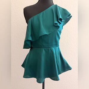 H&M Gold Label Deep Green One-Shoulder Satin Ruffle Blouse